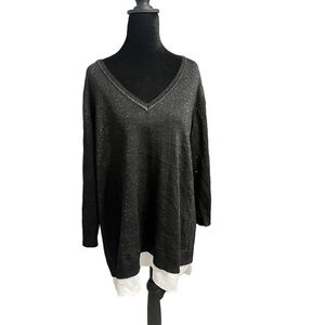 Calvin Klein Silk Blend V-Neck Sweater 2X Shimmer Black with White Trim